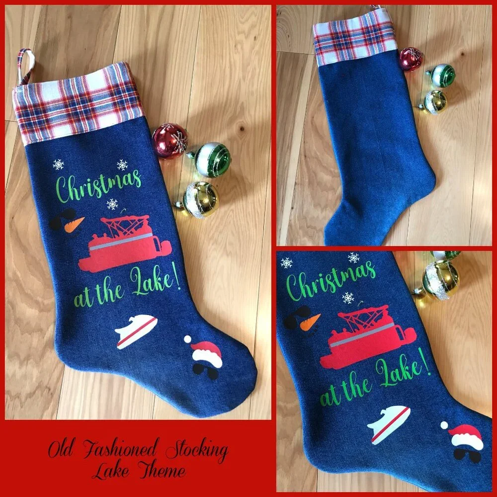 Denim Christmas Stocking, Lake House Christmas Decor Pontoon Boating Fishing